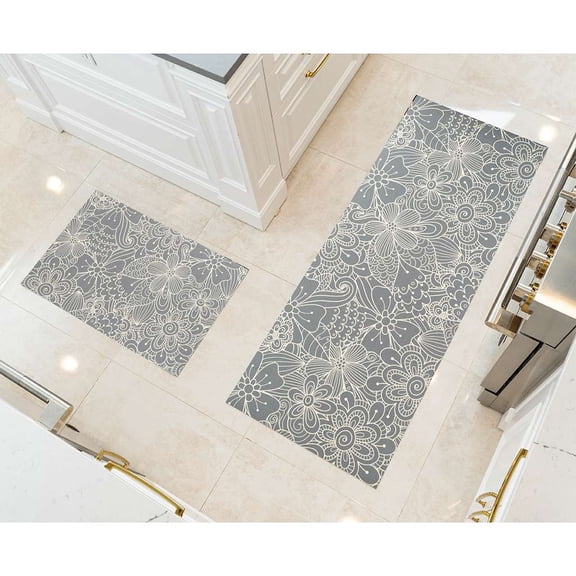 Benissimo-Modern Mats, 24”x62” + 20”x32” Set of 2 Ultra-Thin (1/10 Inch) Kitchen Mat Rubber Backing, Waterproof, Low Profile, Durable&Non Slip, Indoor Floor Mat for Entry, Patio, Floral Line Doodle