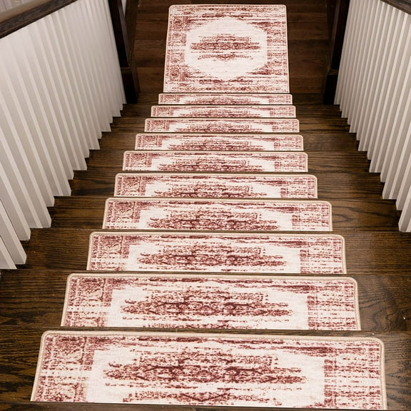 Benissimo Stair Treads Carpet Durable Polyester Skid Resistant / Set of 13 (9"x32") + 1 (31"x31") Sunset