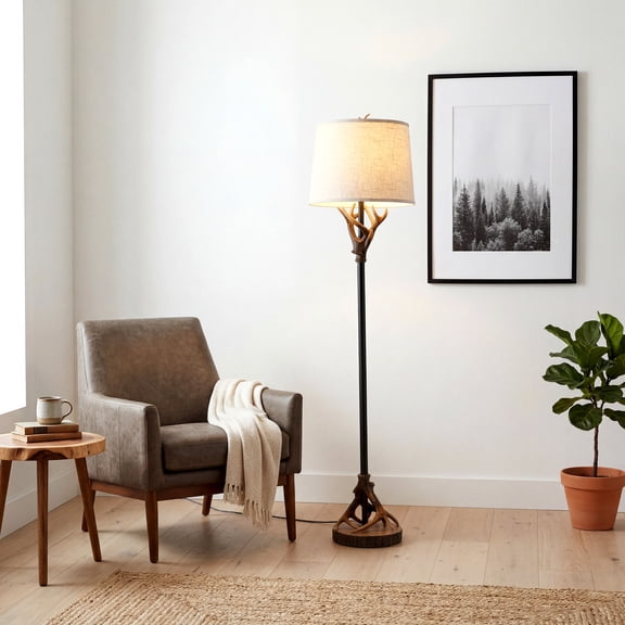 Benjamin 61" Rustic Farmhouse Metal and Resin Antler Floor Lamp with Beige Linen Shade and Wood-Slice Base, Brown/Black