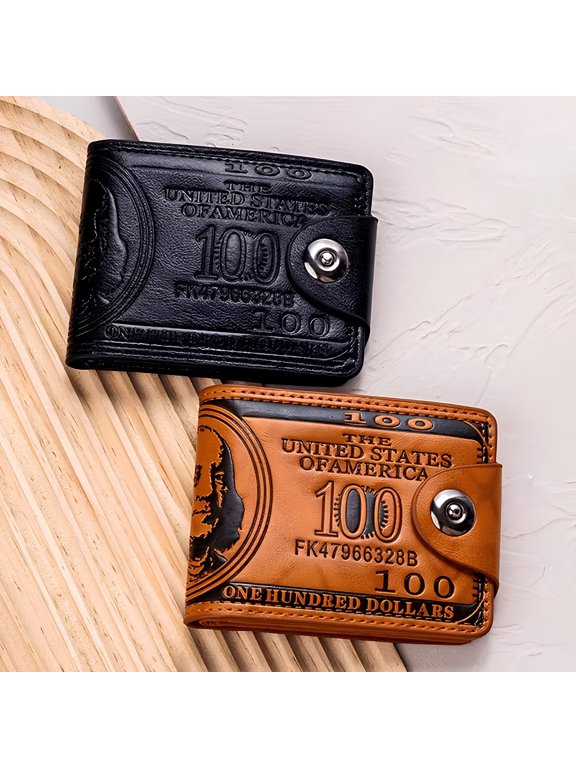 Benjamin Bill Vintage Wallet - Black Leather $100 Bill Design Bifold with Multiple Card Slots