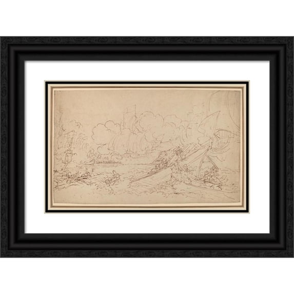 Benjamin West 18x13 Black Ornate Wood Framed Double Matted Museum Art Print Titled - Study for the Battle of La Hogue (Recto) (1778)