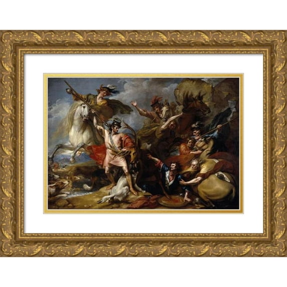 Benjamin West 24x18 Gold Ornate Framed and Double Matted Museum Art Print Titled - Alexander III of Scotland Rescued from the Fury of a Stag by the Intrepidity of Colin Fitzgerald (‘The Deat