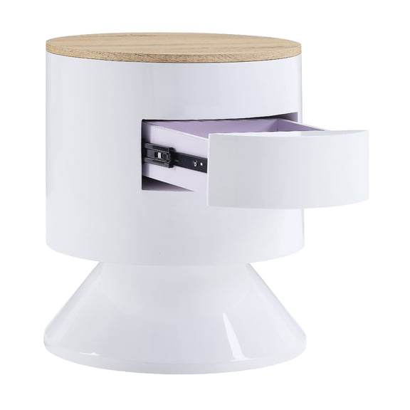 1 Drawer Pyramidal Base Circular Wooden Night Table, White and Brown