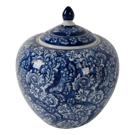 Benjara 10" Lidded Jar- Curved Round Floral Print- Blue Porcelain