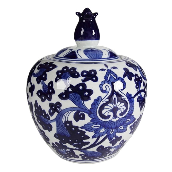 10 Inch Lidded Jar, Round Persian Floral Print, Blue and White Porcelain- Saltoro Sherpi