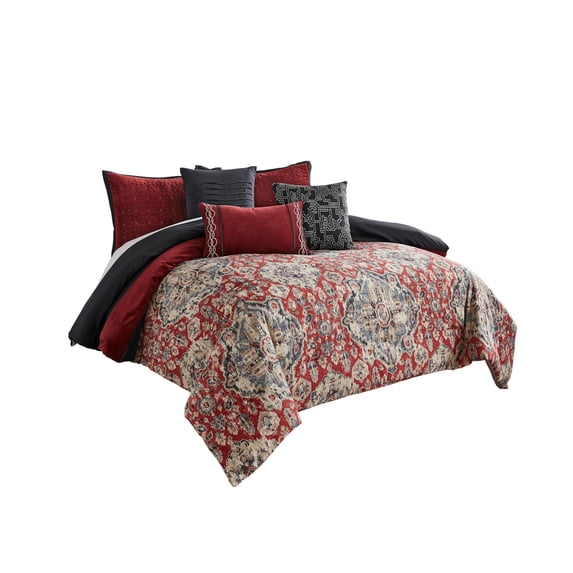 Benjara 10 Piece King Size Comforter Set with Medallion Print, Red and Blue