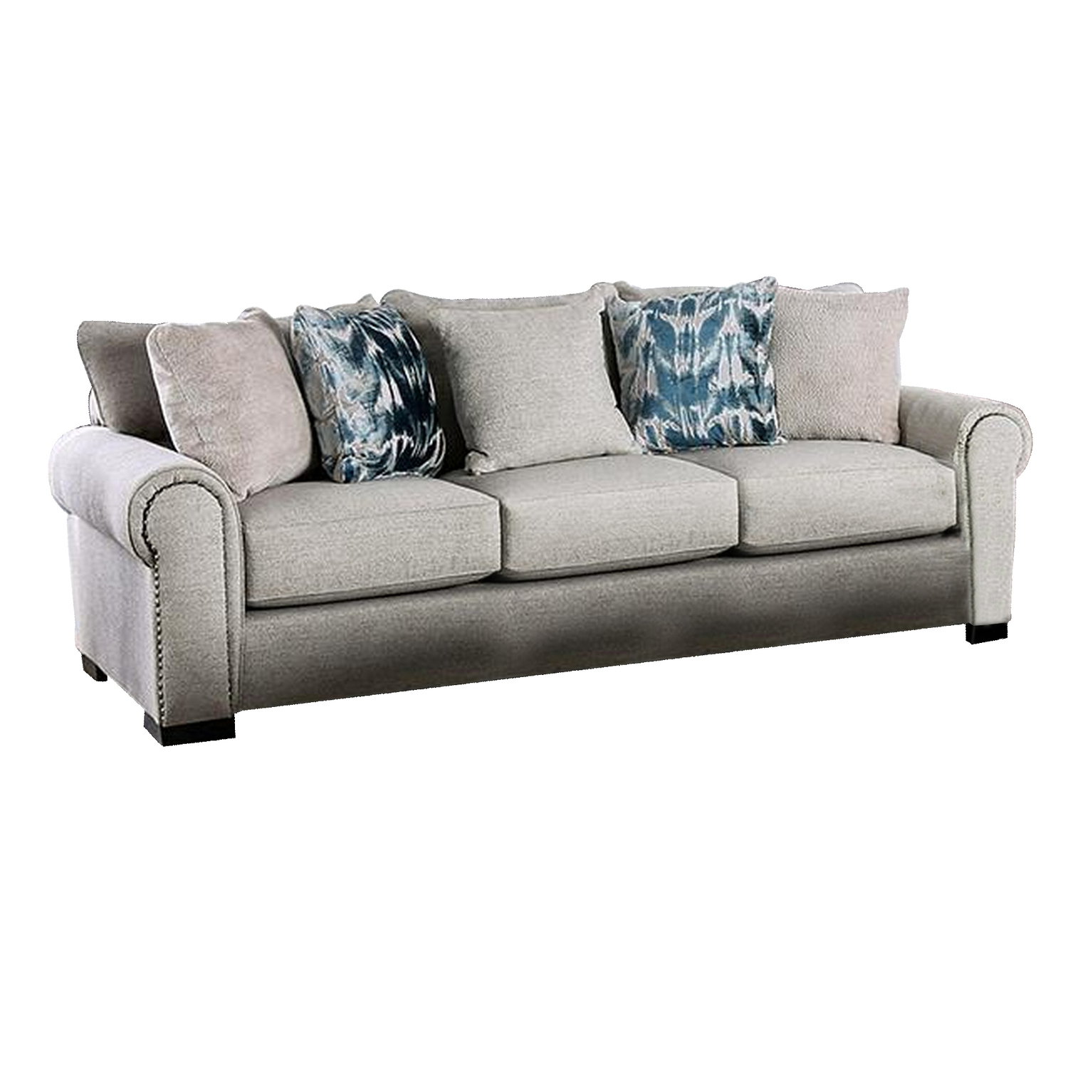 Benjara Beni 100 Inch Sofa, Rolled Arms, 5 Pillows, Nailhead Trim