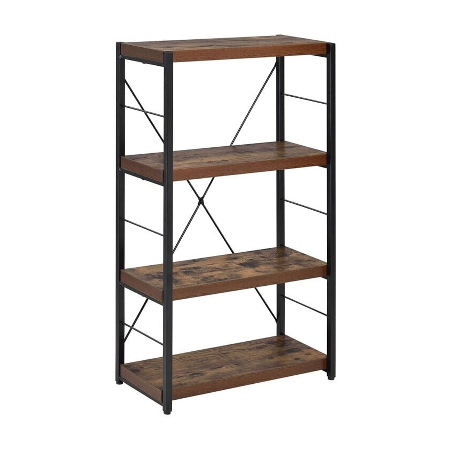 Weathered Oak Black Metal Frame 4-Tier Bookshelf