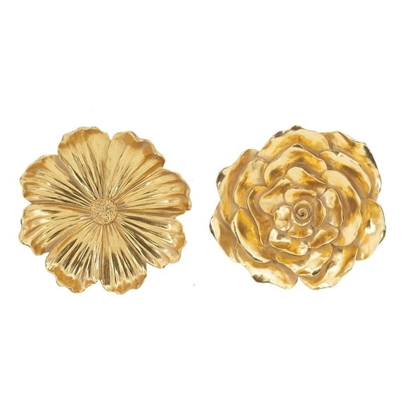 Benjara Dazzle 11- 12" Floral Hanging Wall Accent Set of 2- 3 Dimensional- Gold