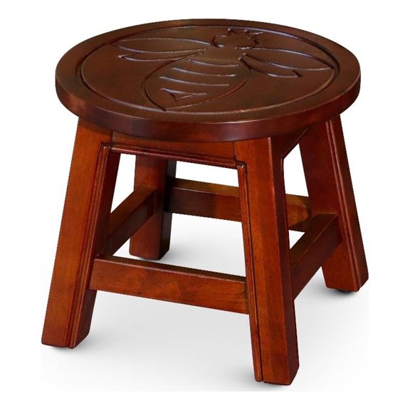 Benjara 11" Step Stool Footrest- Wood Carved Queen Bee- Round- Cherry Brown