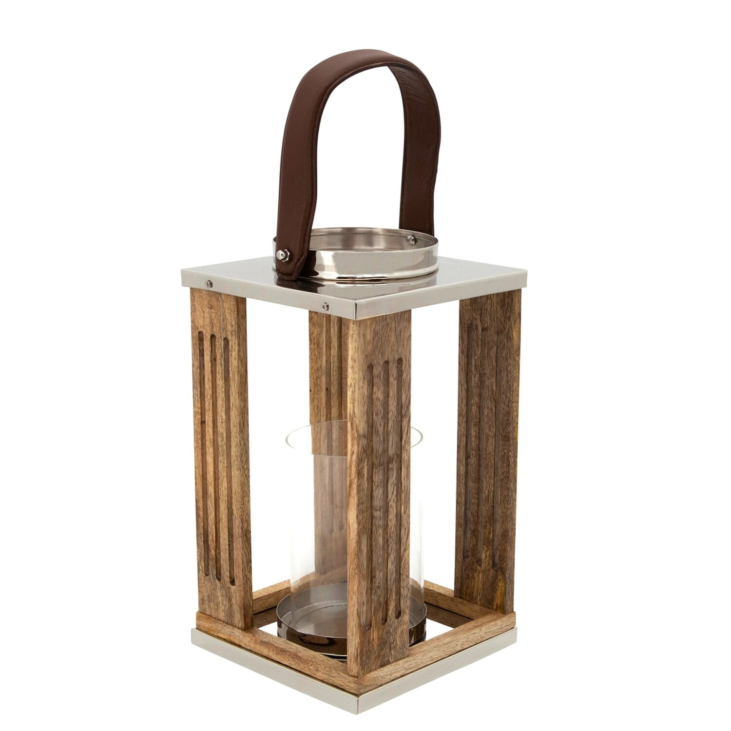 Benjara 12 Inch Hurricane Candle Holder, Lantern Style, Fabric Band, Brown,  Chrome, image size:1500x1500