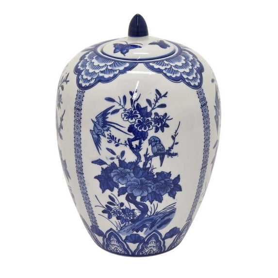 Benjara 12 Inch Jar, Blue Floral Print, Removable Lid, White Ceramic, Traditional