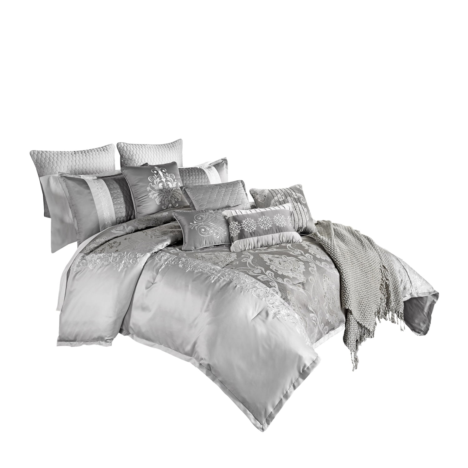 12 Piece King Polyester Comforter Set with Medallion Print, Platinum Gray- Saltoro Sherpi