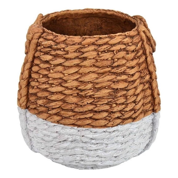 Benjara Reno 12" Planter- Rope Woven Design- White and Brown Finished Resin