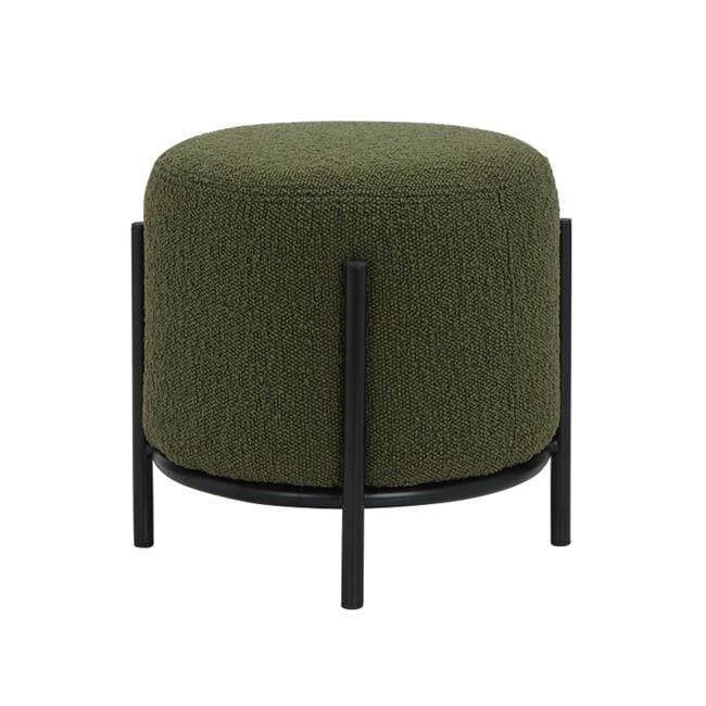 Green Boucle Round Cushioned Ottoman Stool with Black Metal Frame