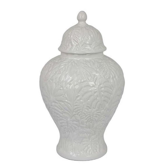 Deni 13 Inch Temple Jar, Embossed Design, Removable Lid, White Finish