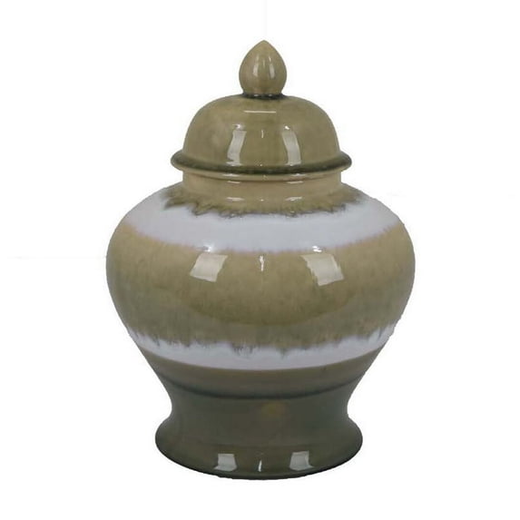 Benjara BM312719 15 in. Ceramic Home Decor Temple Jar with Lid Earth Toned, Brown & White