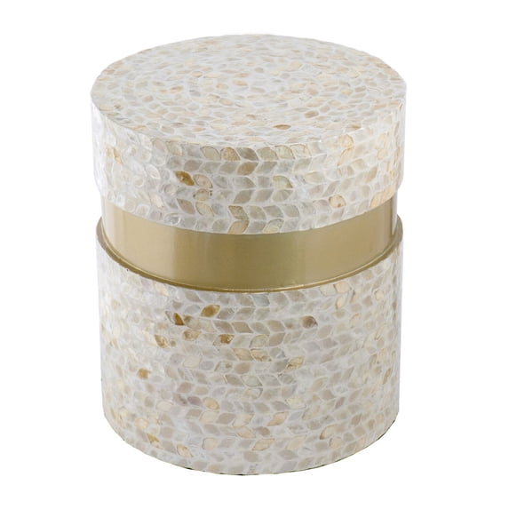 16 Inch Stool Table Wood Capiz Shell Leaf Inlay Modern Gold Band Brown