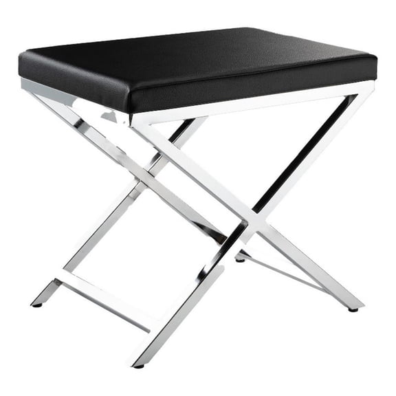 Benjara Myra 21" Accent Stool- Black Faux Leather- Chrome Finished Cross Legs