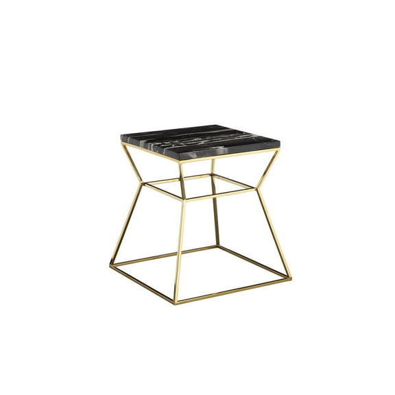 Benjara Lio 18" Side End Table- Black Marble Top- Gold Open Hourglass Frame
