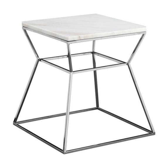 Benjara Lio 18" Side End Table- White Marble Top- Silver Open Hourglass Frame