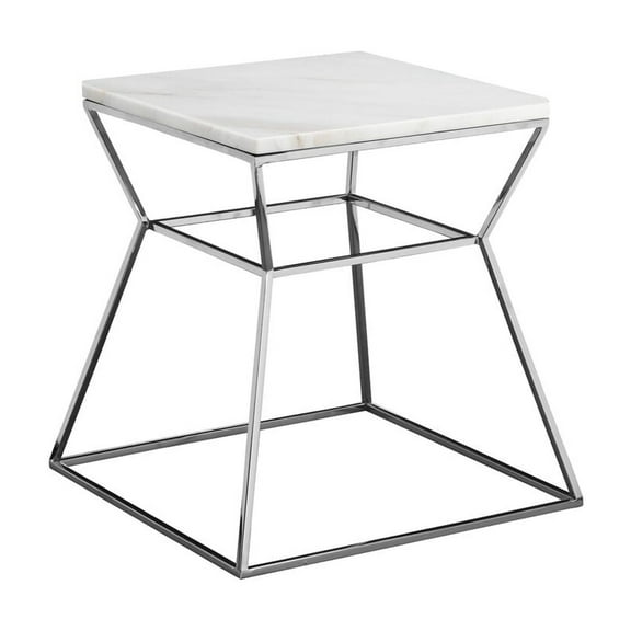 Benjara Lio 18" Side End Table- White Marble Top- Silver Open Hourglass Frame