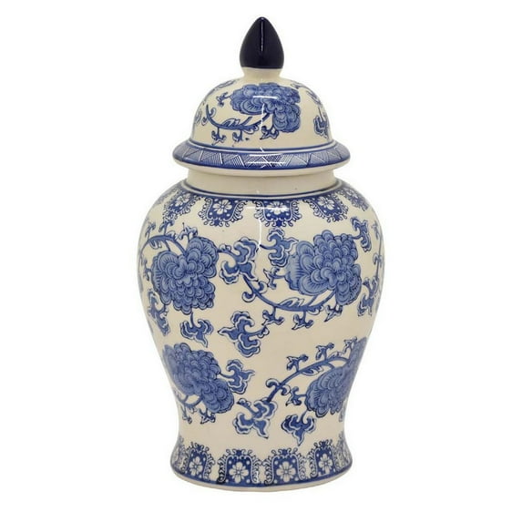 18 Inch Temple Ginger Jar, Ceramic White and Blue Floral Print with Lid