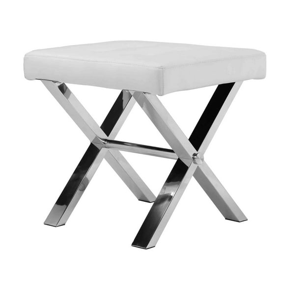 Tia 18 Inch Accent Stool Ottoman, White Faux Leather Top, Chrome Steel Legs