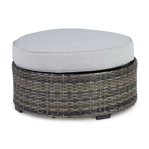 Saki 32 Inch Outdoor Ottoman- Round Cushion- Wicker- Light Gray Fabric