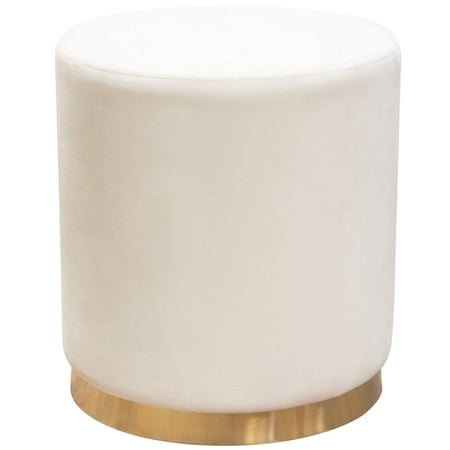 Benjara Himo 19" Round Padded Ottoman- Gold Metal Base- Cream Velvet Upholstery