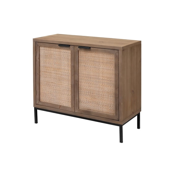 Benjara 2 Door Accent Cabinet with Woven Rattan Front, Brown