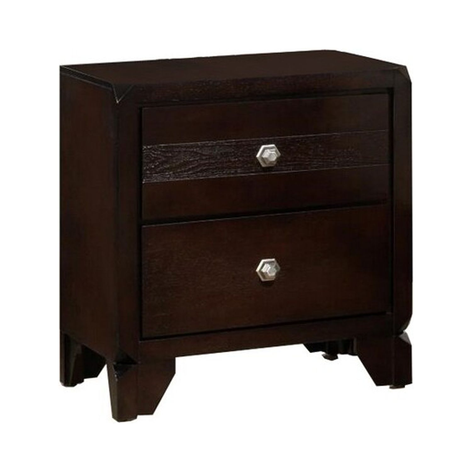 Benjara 2 Drawer Wooden Nightstand with Hexagonal Knobs and Chamfered