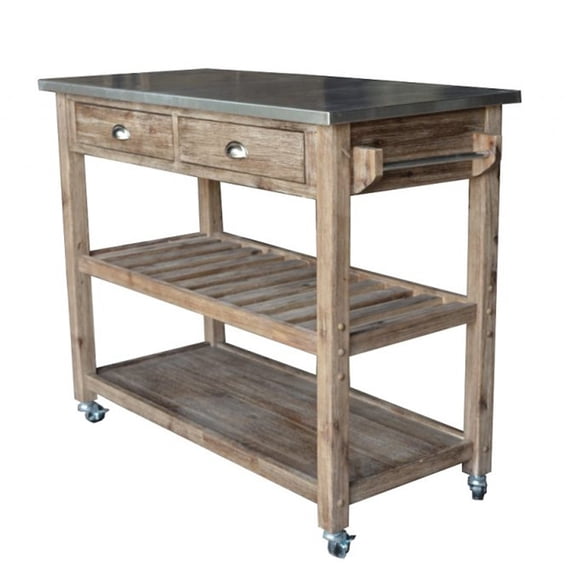 Benjara 2 Drawers Wooden Frame Kitchen Cart with Metal Top and Casters, Brown and Gray