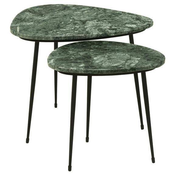 2 Piece Nesting Accent Table Set- Triangular Marble Top- Green- Black