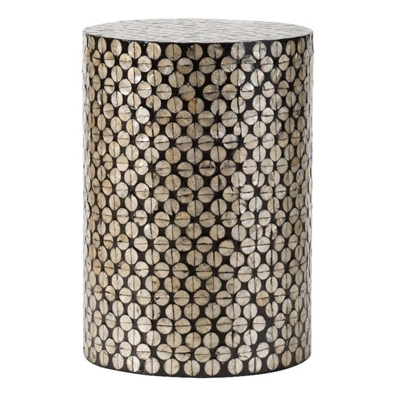 Benjara 20" Stool Table- Round Wood Design- Modern- Capiz Inlay- Black/White