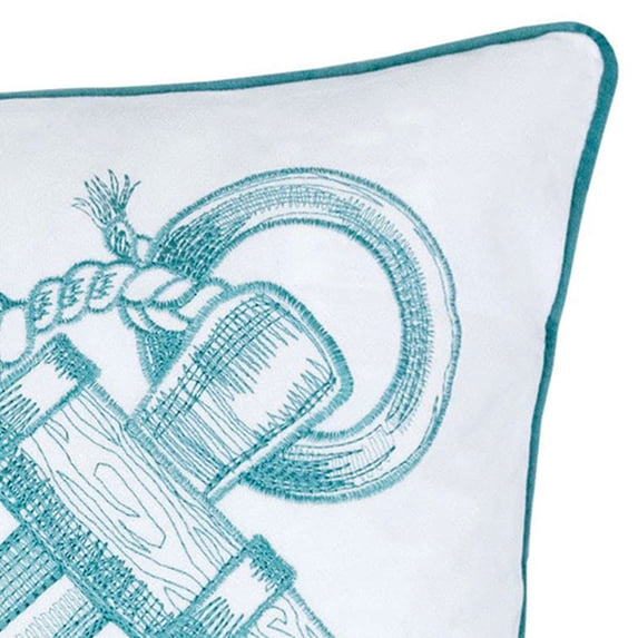 Benjara 20 X 20 Inches Sea Anchor Embroidered Accent Pillow, Set of 2, Teal Blue and White