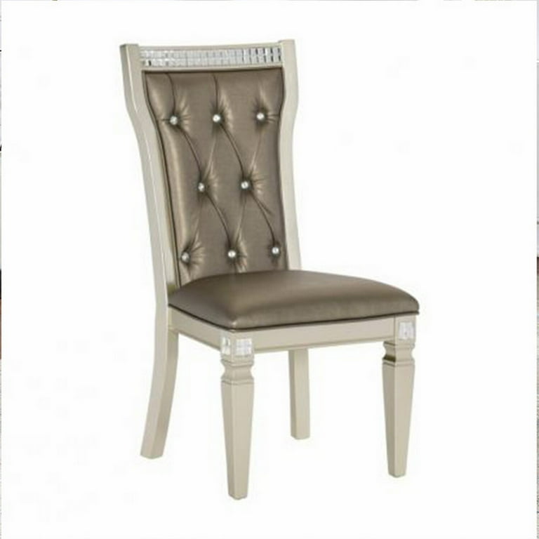 Set of Two Tufted Champagne Upholstered Faux Leather Dining Side Chairs Set of Two Tufted Champagne Upholstered Faux Leather Dining Side Chairs