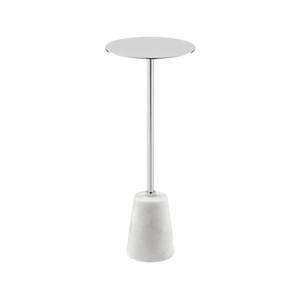 Benjara Sen 21" Drink Side End Table- Cone White Marble Base- Chrome Metal Top