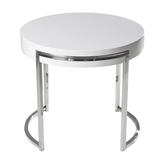 Dami 22 Inch Side End Table, White Lacquer Round Top, Open Metal Frame