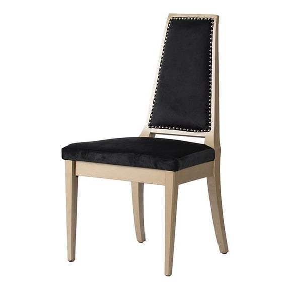 Benjara 23" Side Dining Chair- Black Soft Velvet Upholstery- Beige Rubberwood
