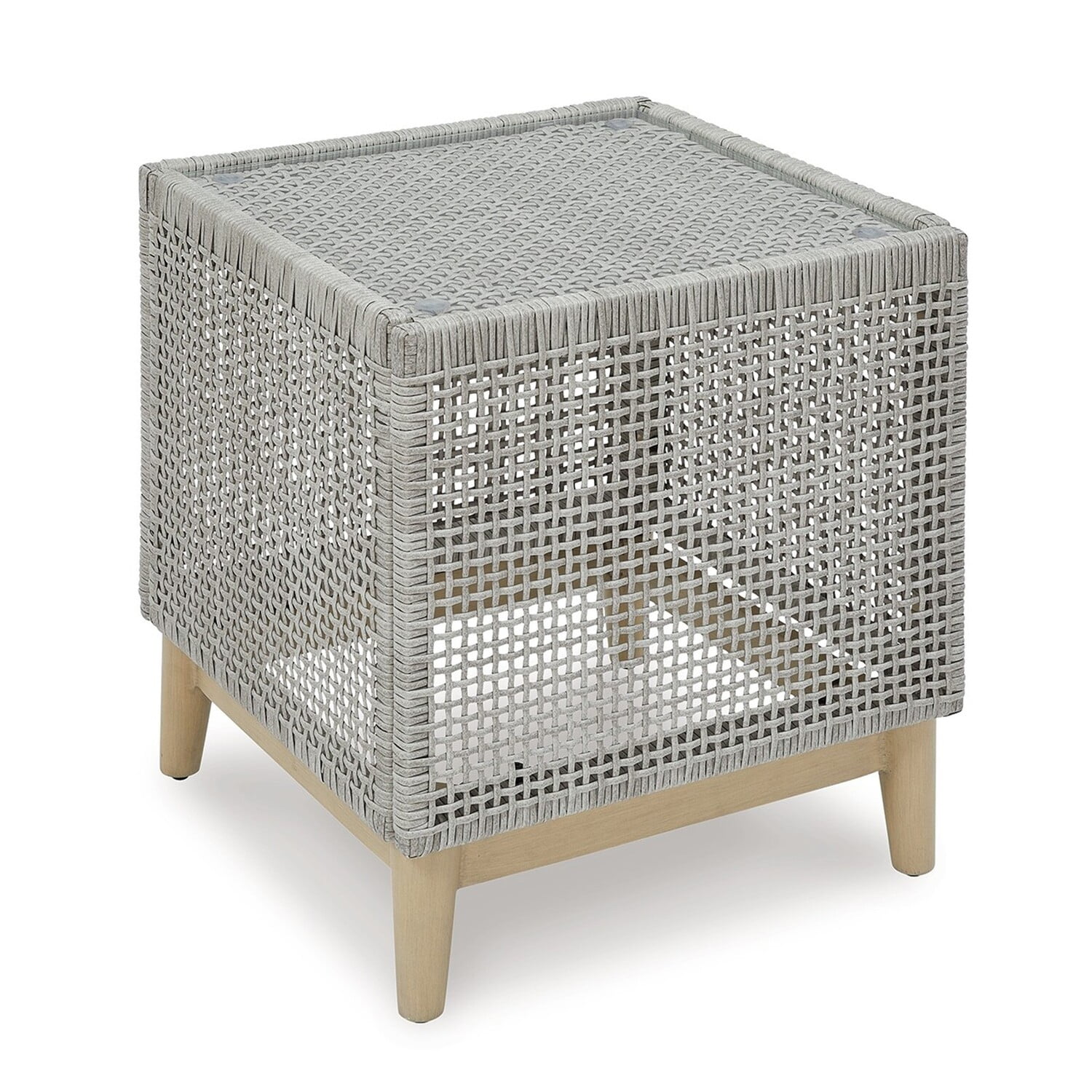 Benjara Yami 23 Inch Outdoor Side End Table, Resin Wicker, Tempered Glass Top, Gray