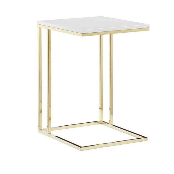 Benjara Zen 23" Side End Tray Table- White Tray Top- Steel Base in Gold Finish