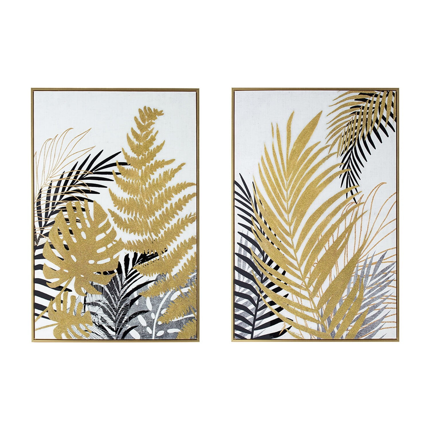 Gold and Black Framed Palm Leaf Canvas Wall Art Set