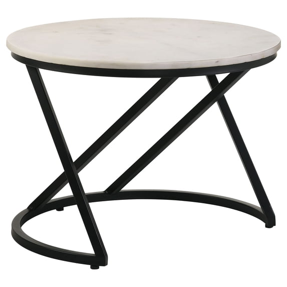 24 Inch Accent Coffee Table- White Marble Top- C Base- Black Metal Finish