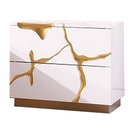 Benjara 24 Inch Nightstand, 2 Drawers, Gold Details, Metal Base, White Wood