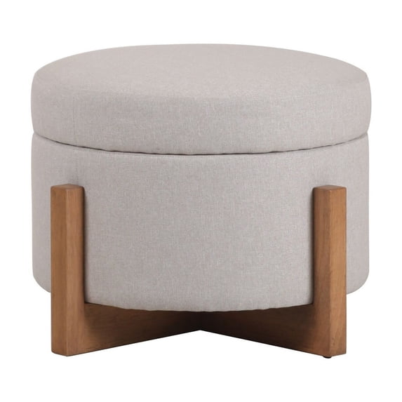 Benjara 24" Ottoman- Round Cushioned Storage Seat- Gray Polyester- Brown Wood