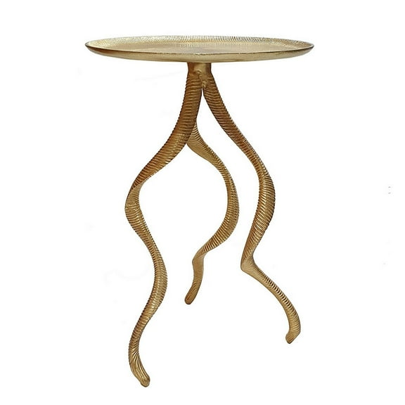 Benjara 24" Accent Side Table- Antler Base Design- Ribbed Top- Aluminium- Gold