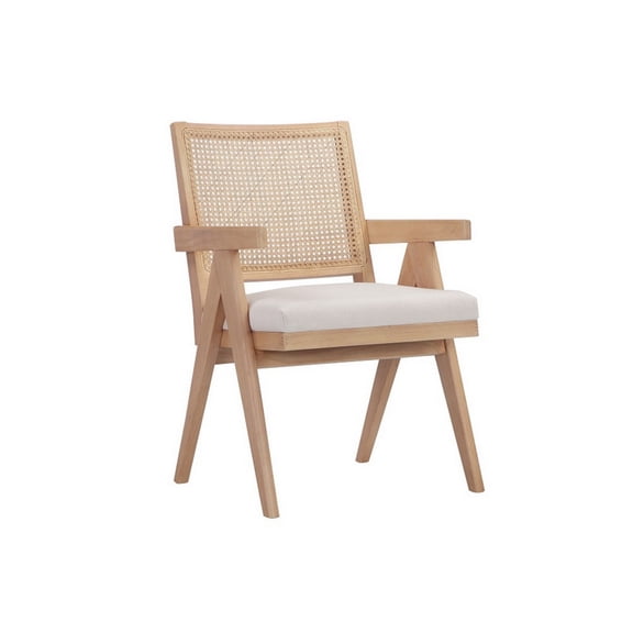Benjara Isha 24" Armchair with Cane Back- Off White Velvet- Brown Wood Frame
