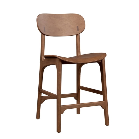 Seln 24 Inch Counter Stool Chair, Curved Seat, Open Back, Dark Brown Wood