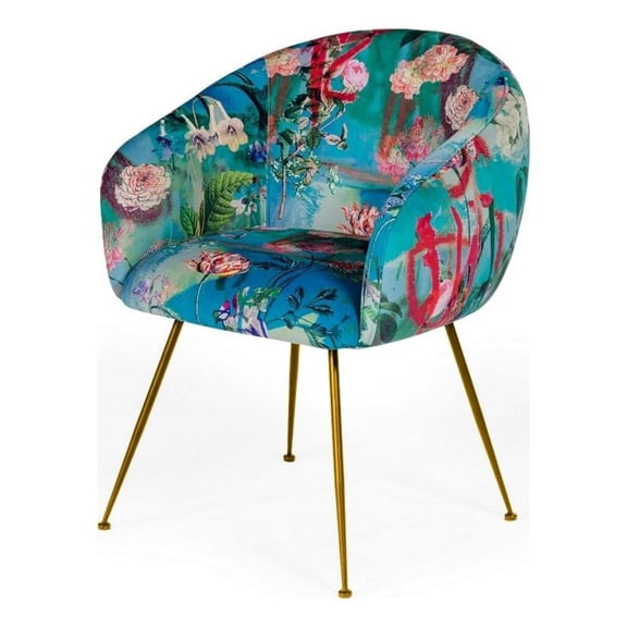Benjara 25" Dining Chair- Floral Design- Gold Legs- Blue Velvet Upholstery